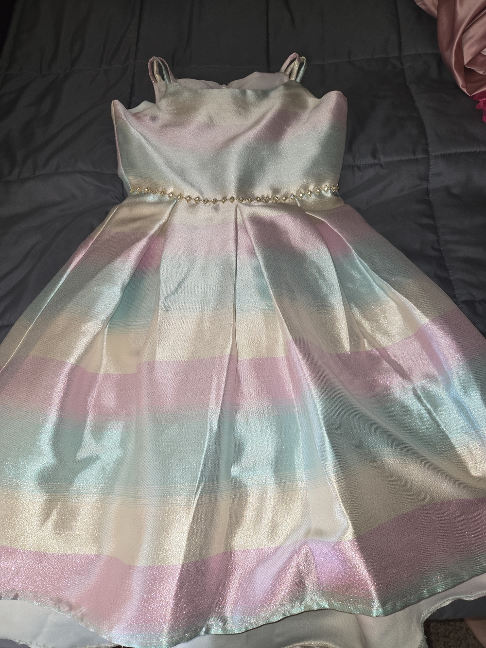 Rare Editions Shimmery Pastel Striped Party Dress in Pink, Mint & Cream